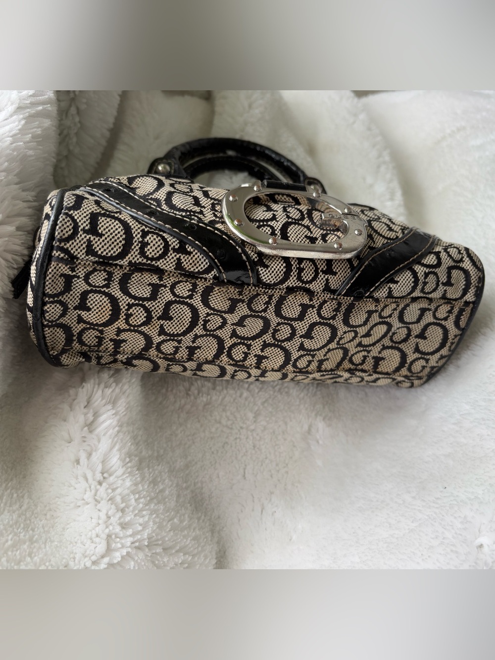 RARE Vintage Y2K GUESS Gloss Mini Monogram Bowler Bag Ostrich McBling - Picture 12 of 13